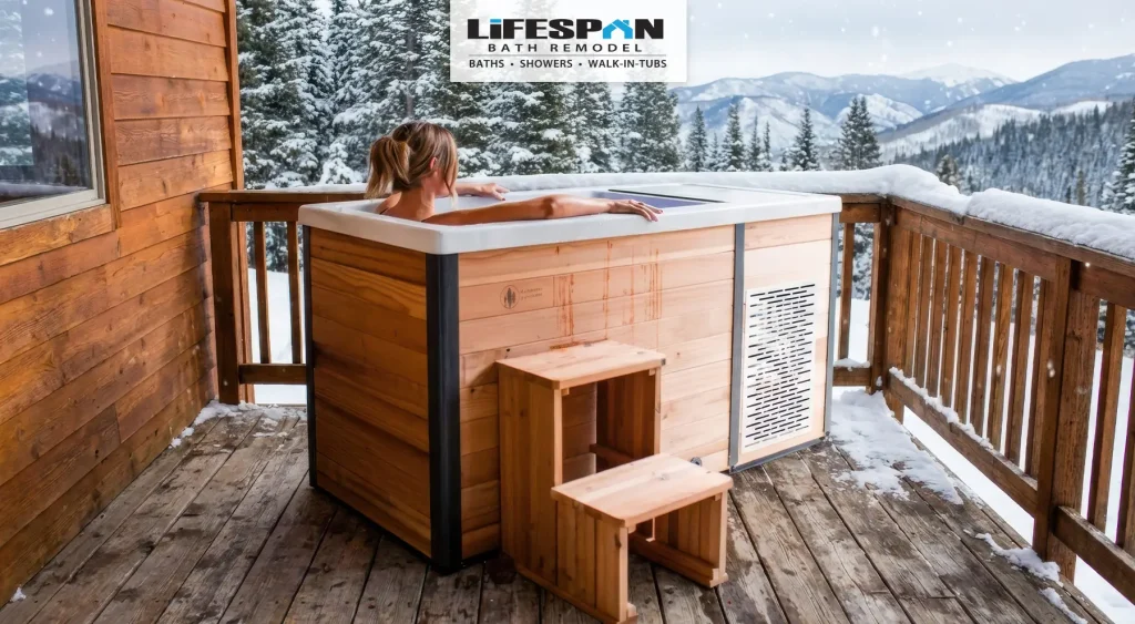 woman in a cold plunge unit on cabin deck in utah mountains sold by lifespan bath remodel