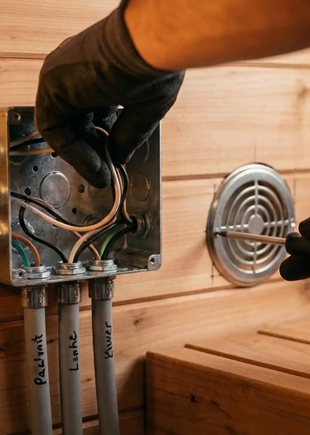 Licensed electrician wiring sauna heater controls and ventilation for safe home sauna installation