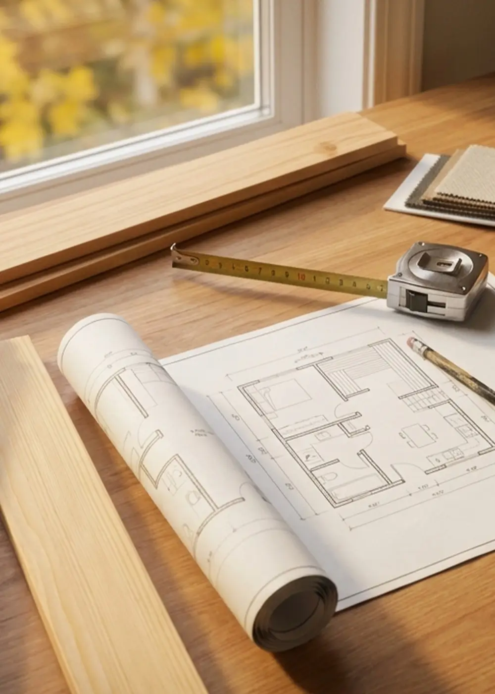 Custom home sauna design planning with wood samples, layout blueprint, and measurements