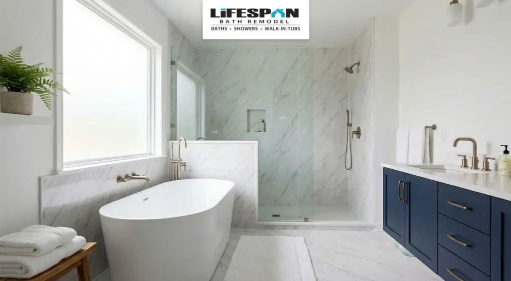 elegant bathroom remodel in utah with vinyl surround shower