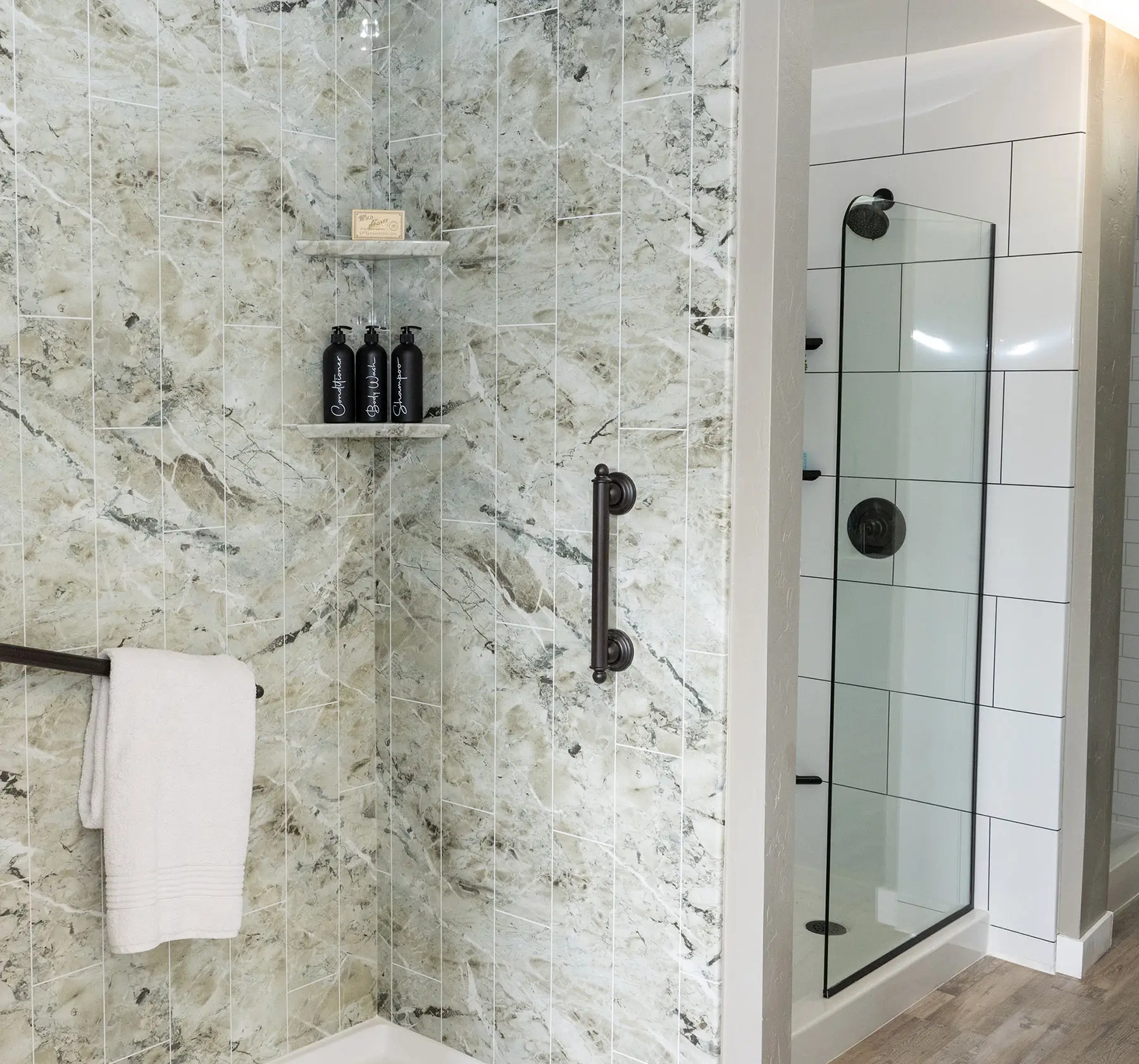 Tub-to-shower conversion with modern walk-in shower