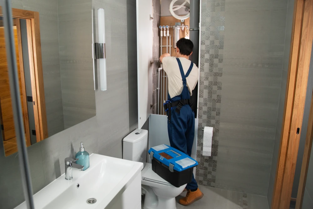 Contractor working on plumbing during a bathroom remodel
