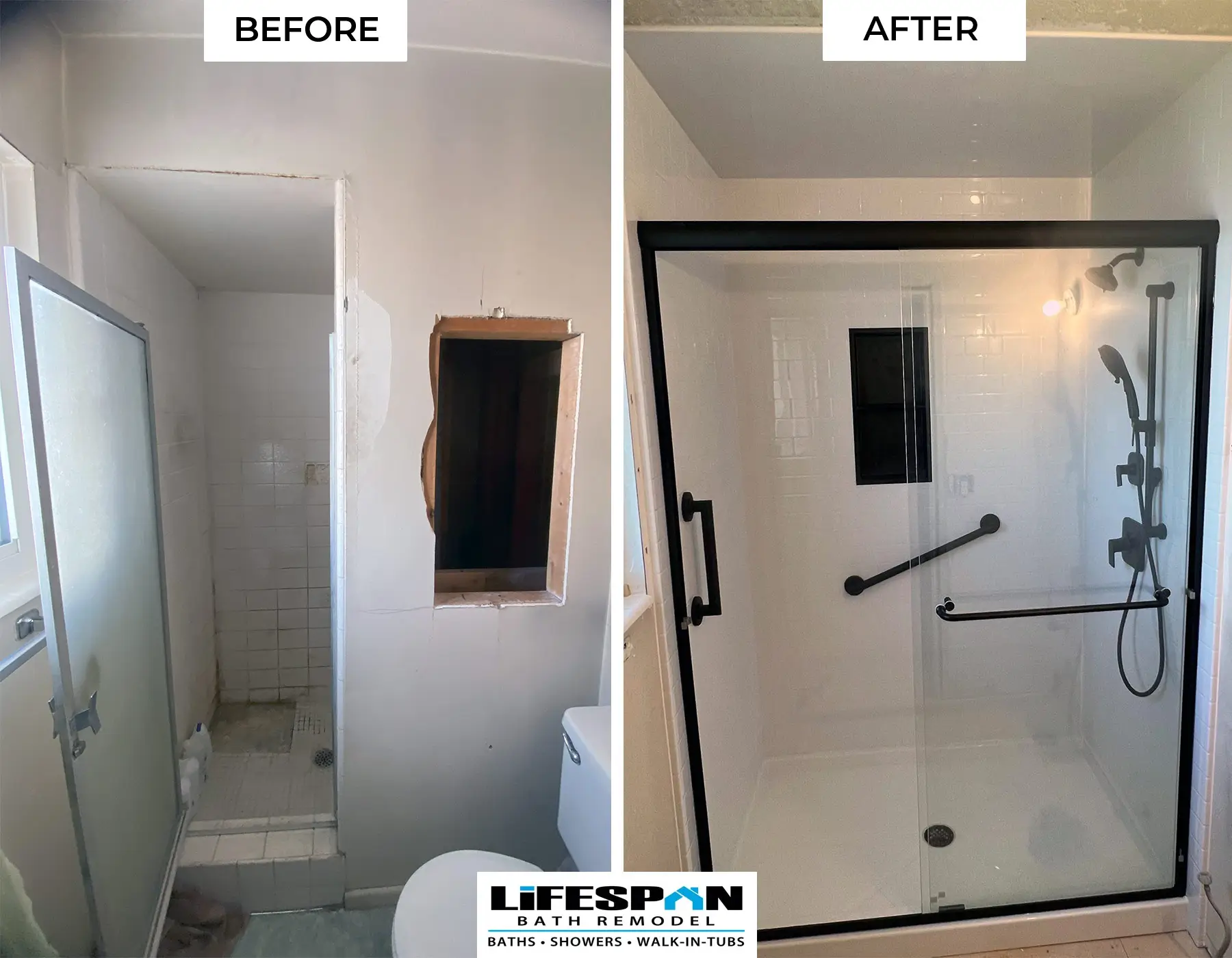 Before-and-after Utah shower remodel by Lifespan Bath Remodel: a damaged, unfinished tiled shower replaced with a walk-in glass-door shower featuring black fixtures and grab bars.