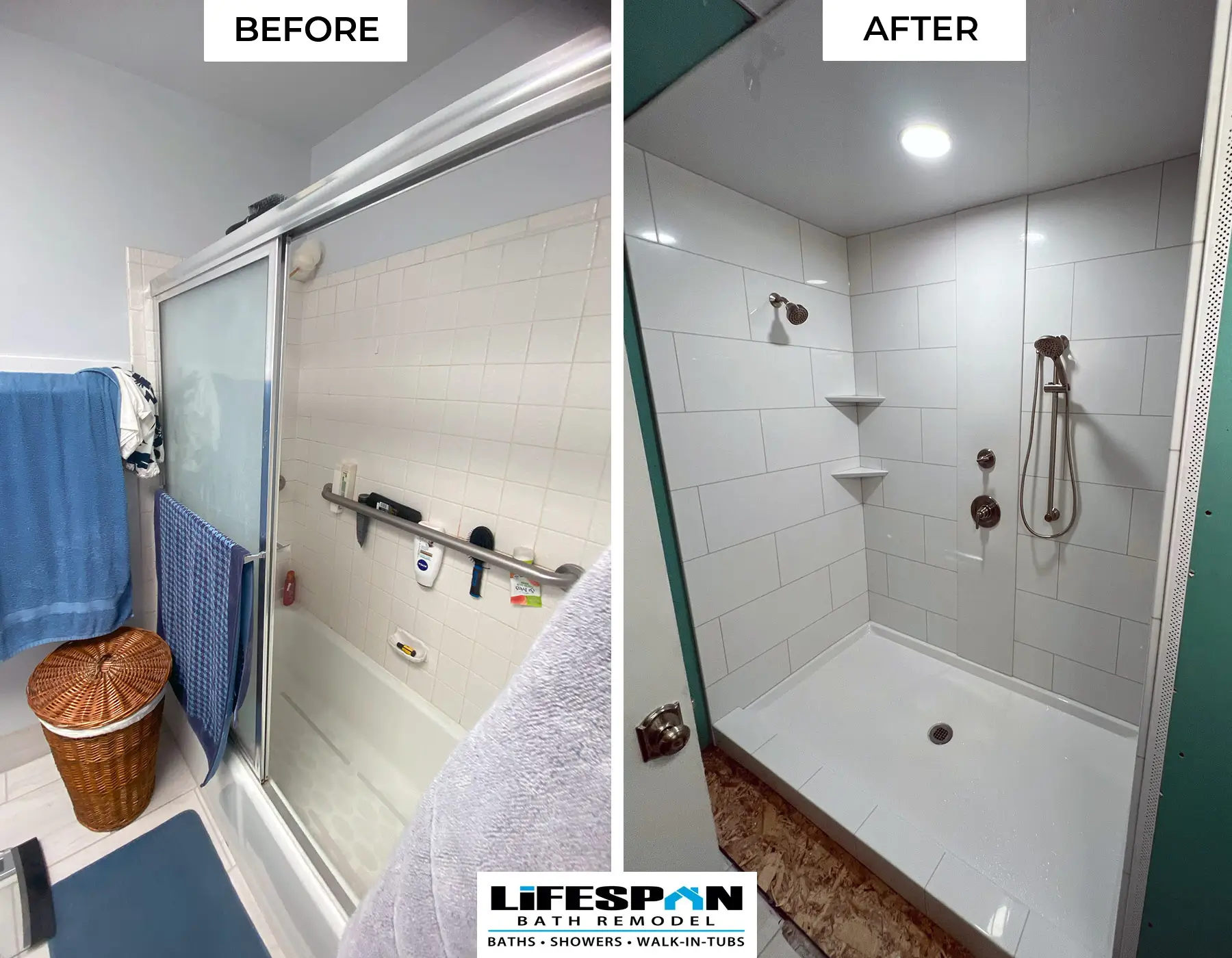 Before-and-after shower remodel in Murray, Utah: an old tiled tub-shower combo converted into a walk-in shower with new tile walls, corner shelves, and a handheld sprayer.
