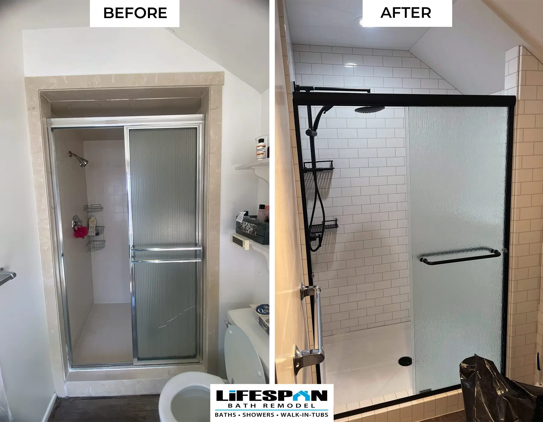Before-and-after Salt Lake City shower remodel: a cramped frosted-glass sliding shower updated with subway tile walls, a black-framed door, and a black grab bar.