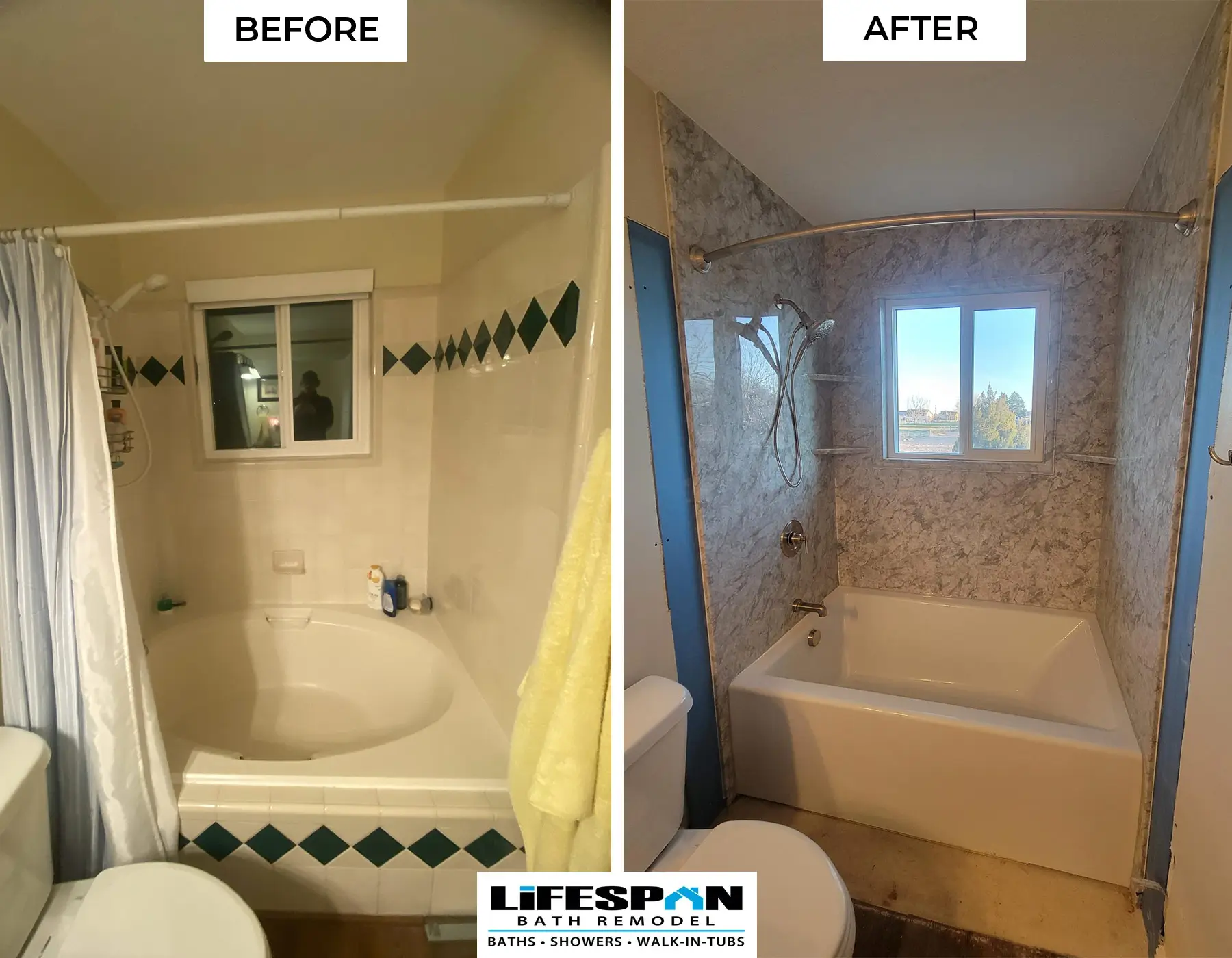 Before-and-after tub remodel in Salt Lake City, Utah: an outdated tiled soaking tub replaced with a new tub and stone-pattern surround beneath a window.