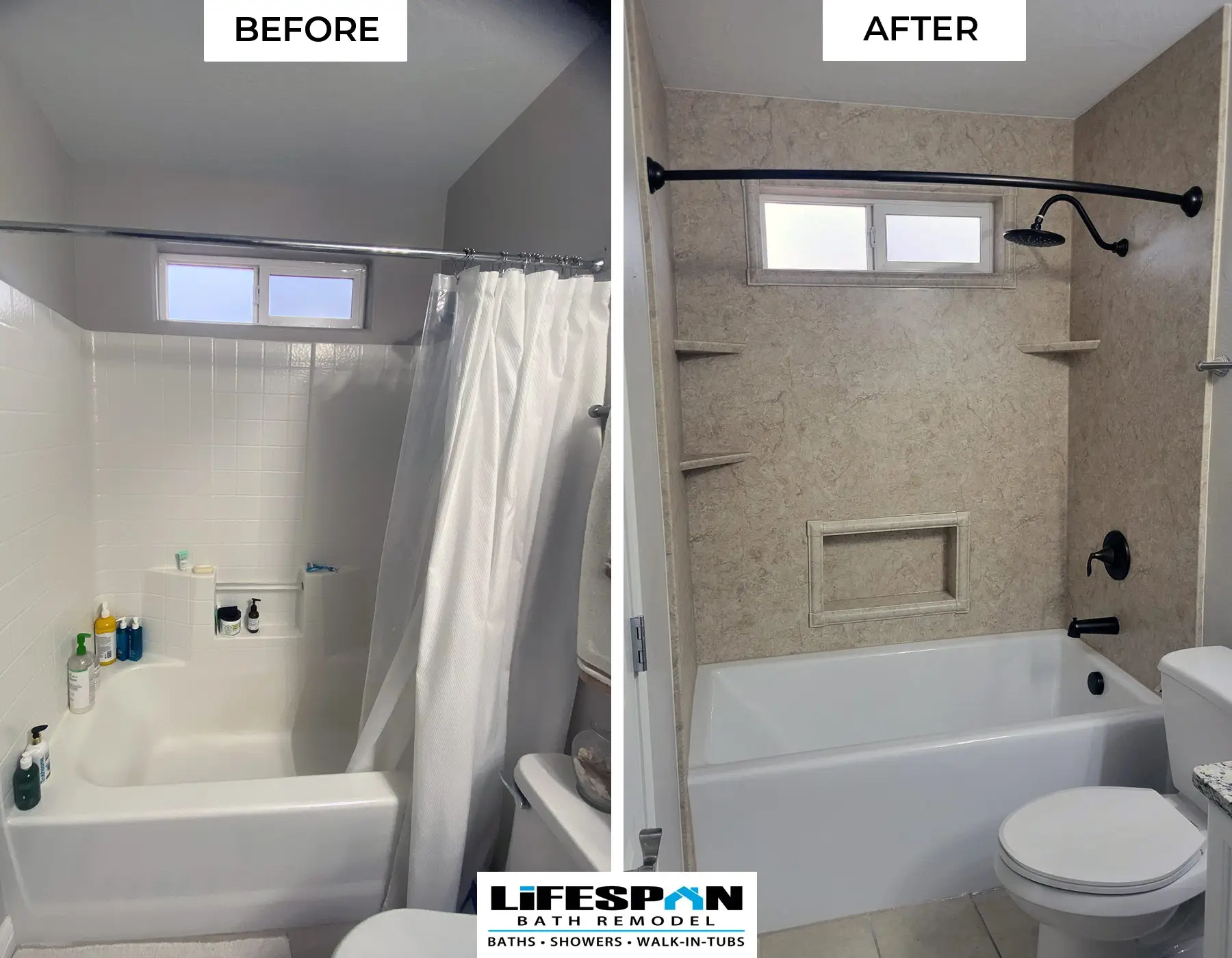 Before-and-after tub remodel in Murray, Utah: a dated tiled tub-shower with a curtain replaced with a new tub surround, black fixtures, and a curved shower rod.