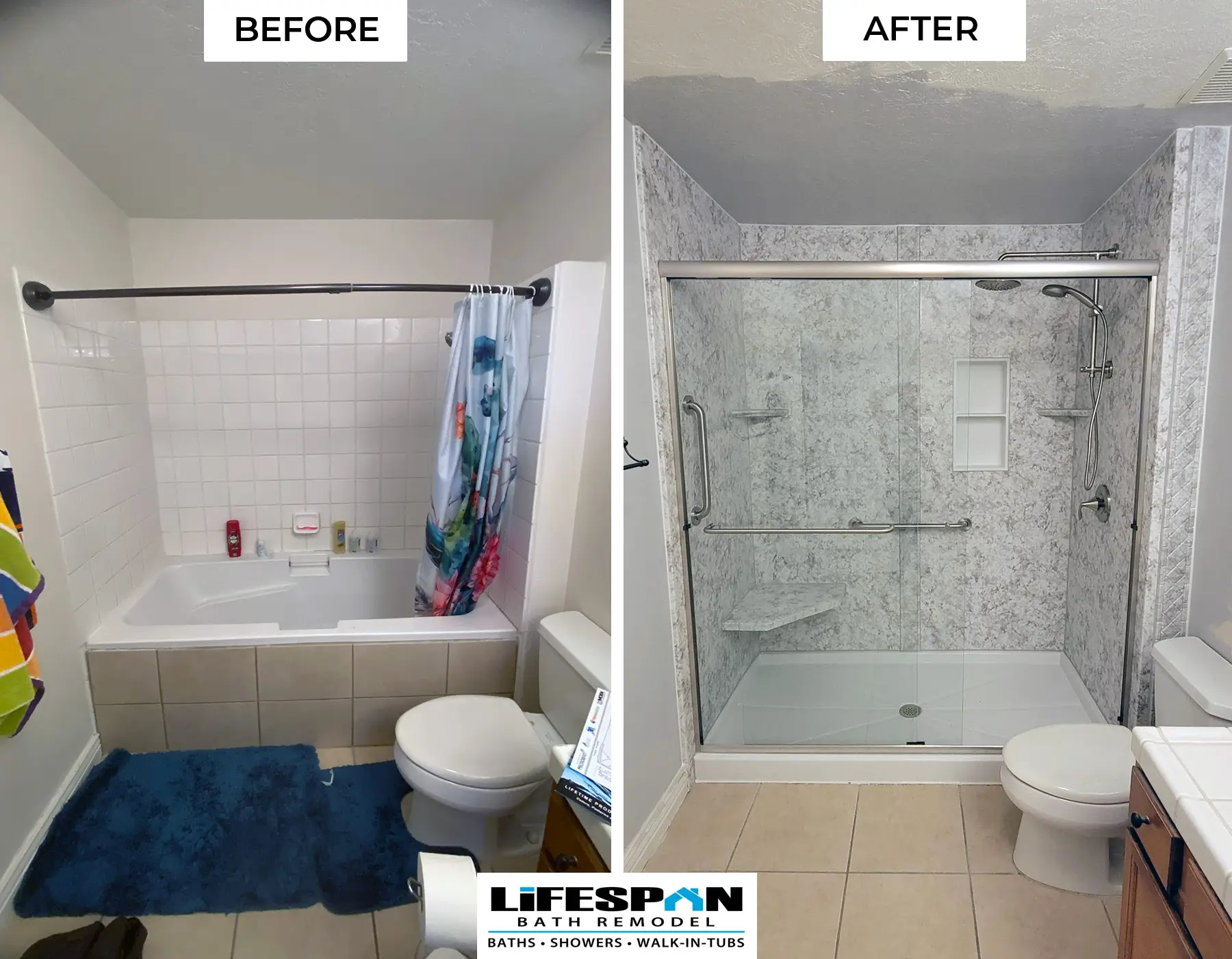 Before-and-after tub-to-shower conversion in Salt Lake City, Utah: a tiled bathtub with a curtain replaced by a walk-in glass shower with a built-in bench and grab bars.